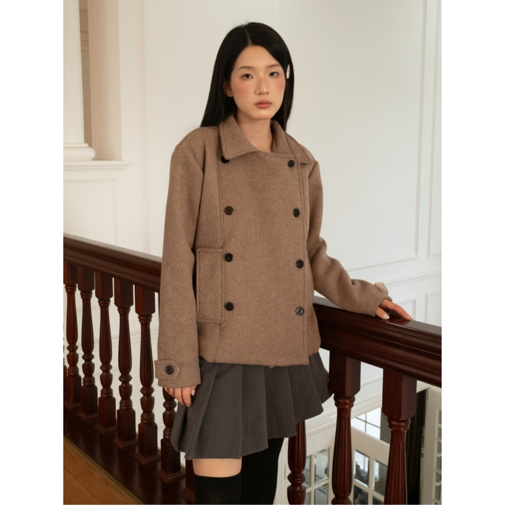 Áo khoác kaki măng tô dáng ngắn SONNA HI- cổ bẻ cúc cài, đuôi áo dáng xòe - HAZEL DOUBLE WOOL COAT