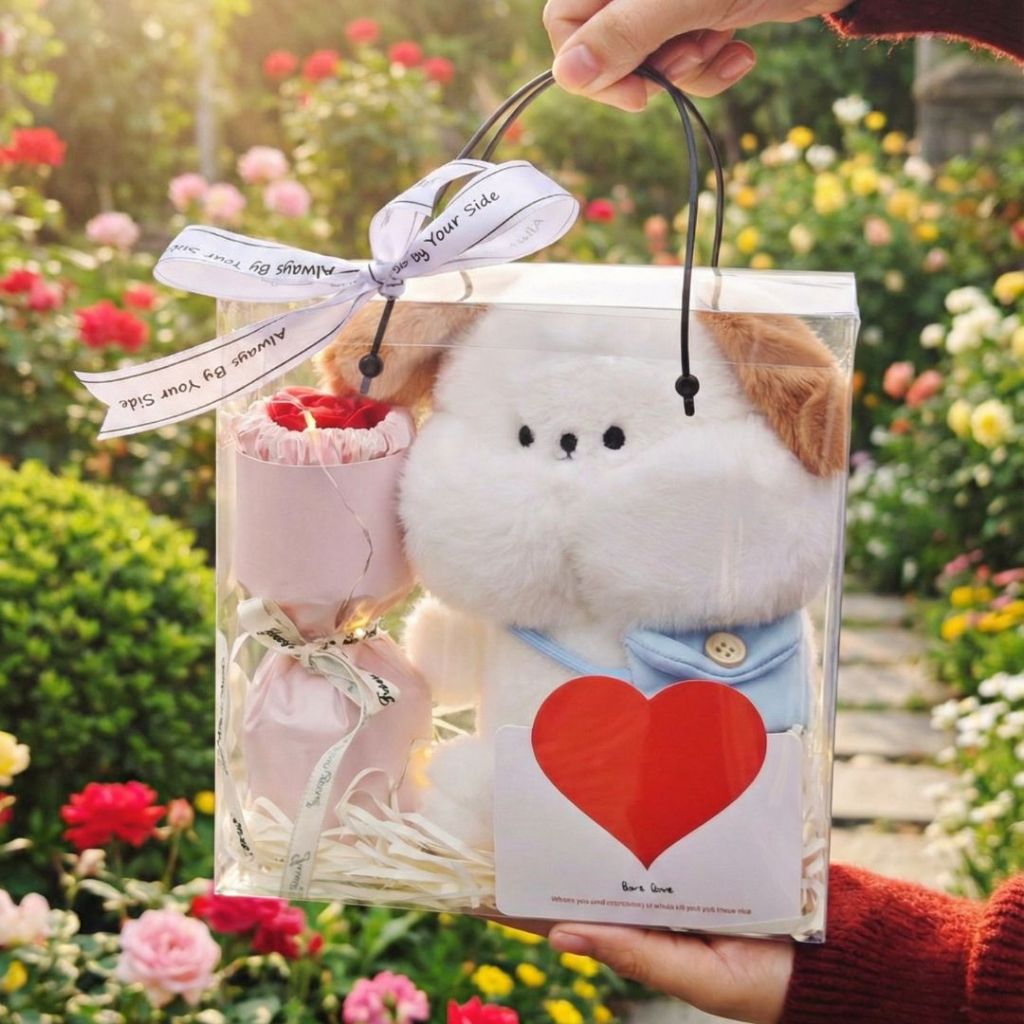 Túi Set Quà Tặng Gấu Bông Động Vật Kèm Bó Hoa,Đèn Led,Thiệp,Giấy Vụn Làm Quà Tặng Sinh Nhật,Ngày Lễ,Valentine