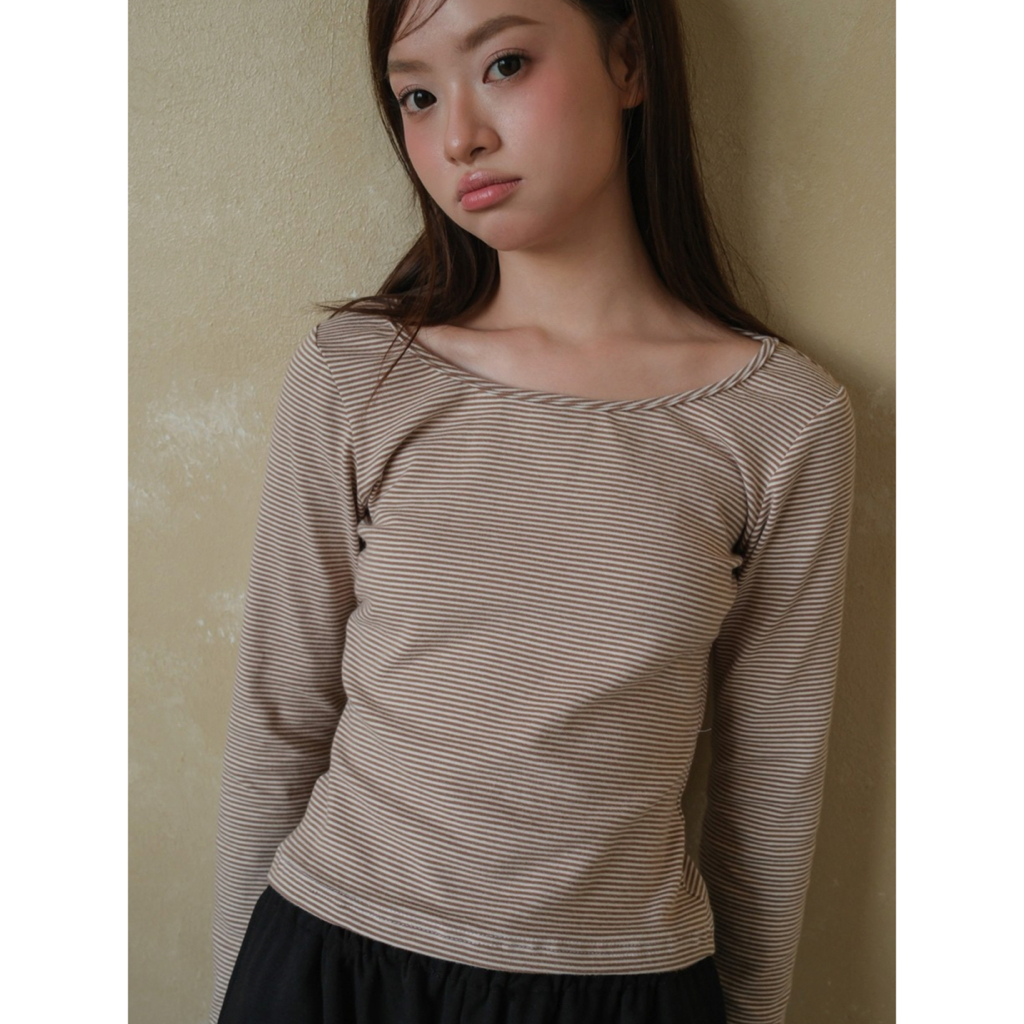 Áo thun nữ cổ thuyền dài tay SONNA HI - họa tiết kẻ ngang - STRIPE BOAT NECK TOP