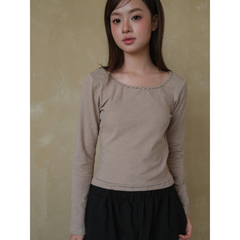 Áo thun nữ cổ thuyền dài tay SONNA HI - họa tiết kẻ ngang - STRIPE BOAT NECK TOP
