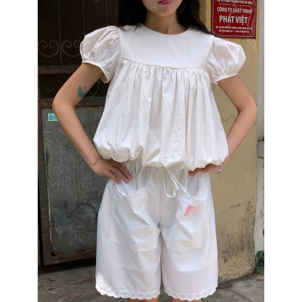 Áo babydoll tay bồng nữ SONNA HI - sơ mi dáng xếp ly, vải gió nhăn cao cấp - PUFFY PUFF TOP