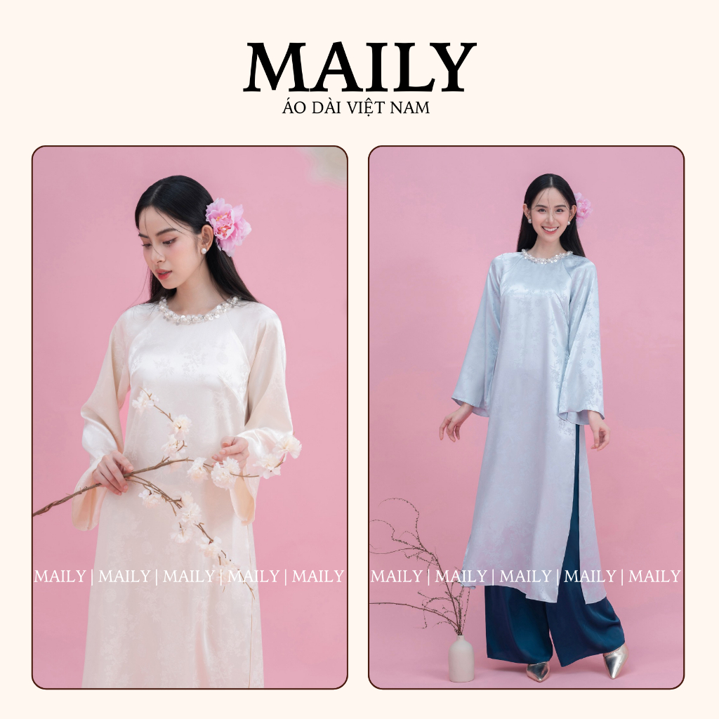 Áo Dài Dạm Ngõ Dáng Suông Thiết Kế Tinh Tế Cổ Tròn Đính Đá Tay Dài Loe Sang Trọng - ÁO DÀI MAILY
