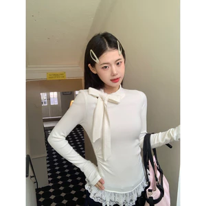 Áo Thun Nữ Tay Dài Thắt Nơ Phối Ren, Form Ôm, Màu Trắng