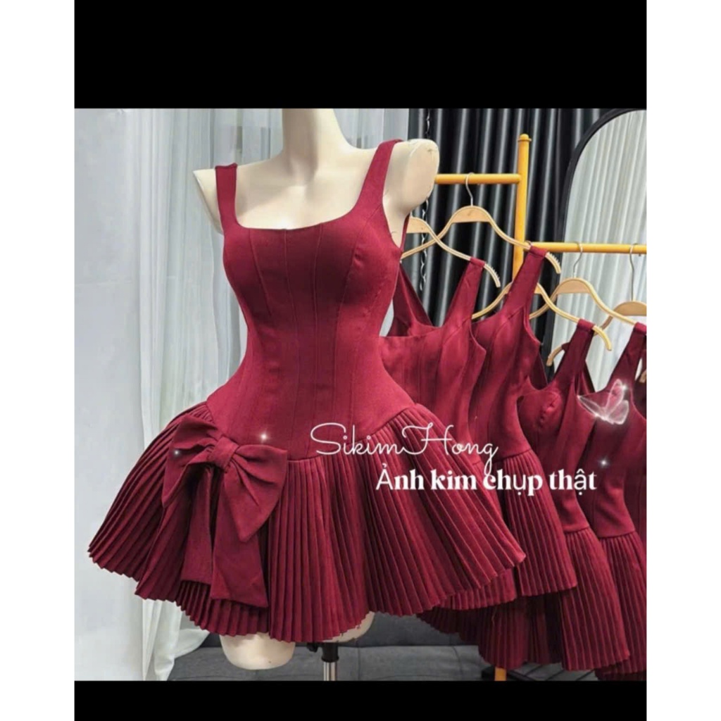 [MẪU MỚI +ẢNH THẬT] Đầm nữ chất rubi cao cấp dáng corset ôm eo chân váy xếp ly nơ eo tiểu thư sang chảnh