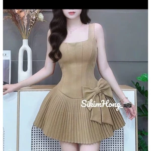 Đầm nữ chất rubi cao cấp dáng corset ôm eo chân váy xếp ly nơ eo tiểu thư sang chảnh