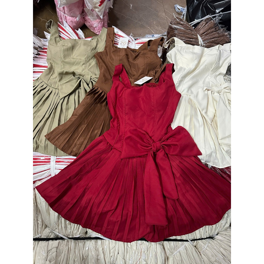 [MẪU MỚI +ẢNH THẬT] Đầm nữ chất rubi cao cấp dáng corset ôm eo chân váy xếp ly nơ eo tiểu thư sang chảnh