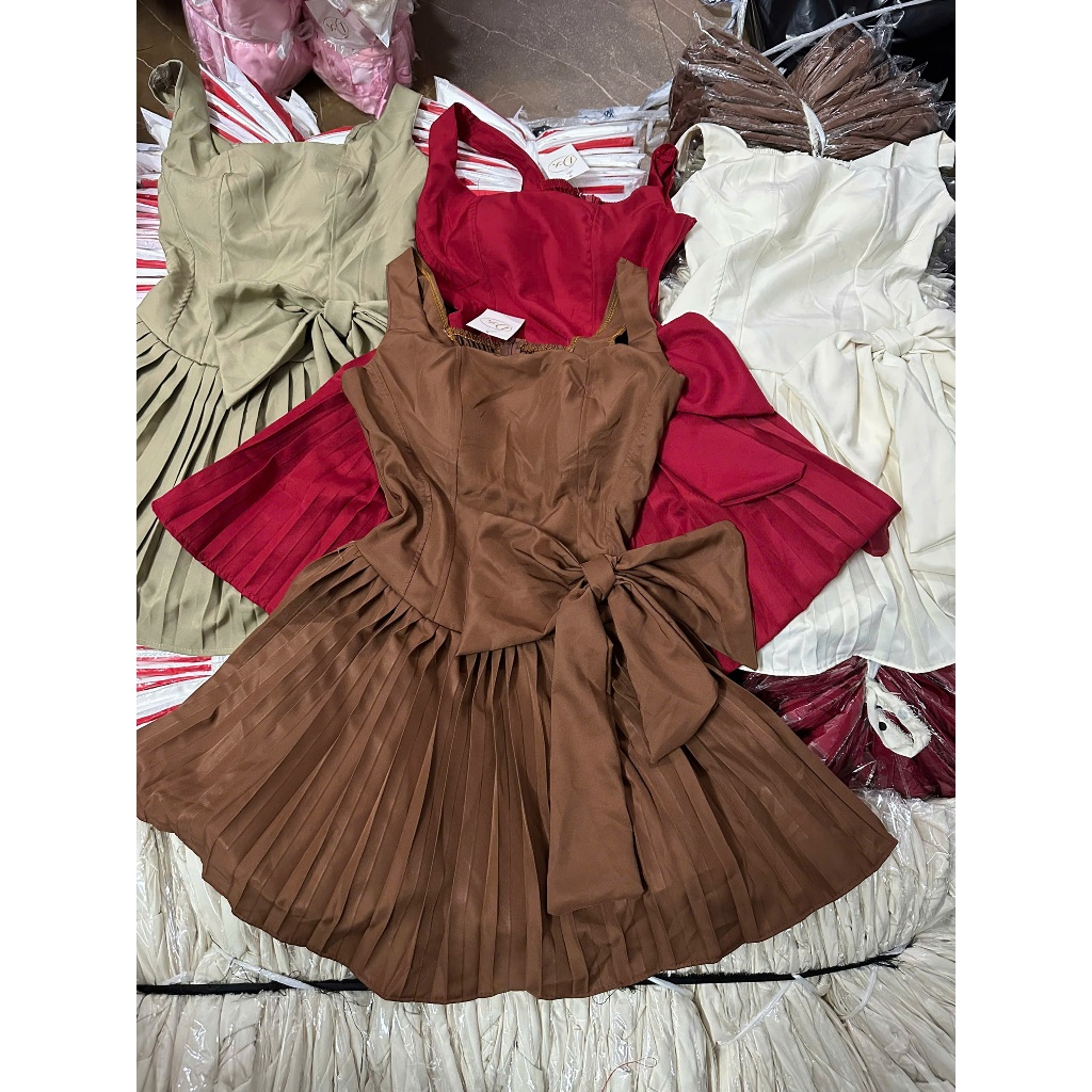 [MẪU MỚI +ẢNH THẬT] Đầm nữ chất rubi cao cấp dáng corset ôm eo chân váy xếp ly nơ eo tiểu thư sang chảnh