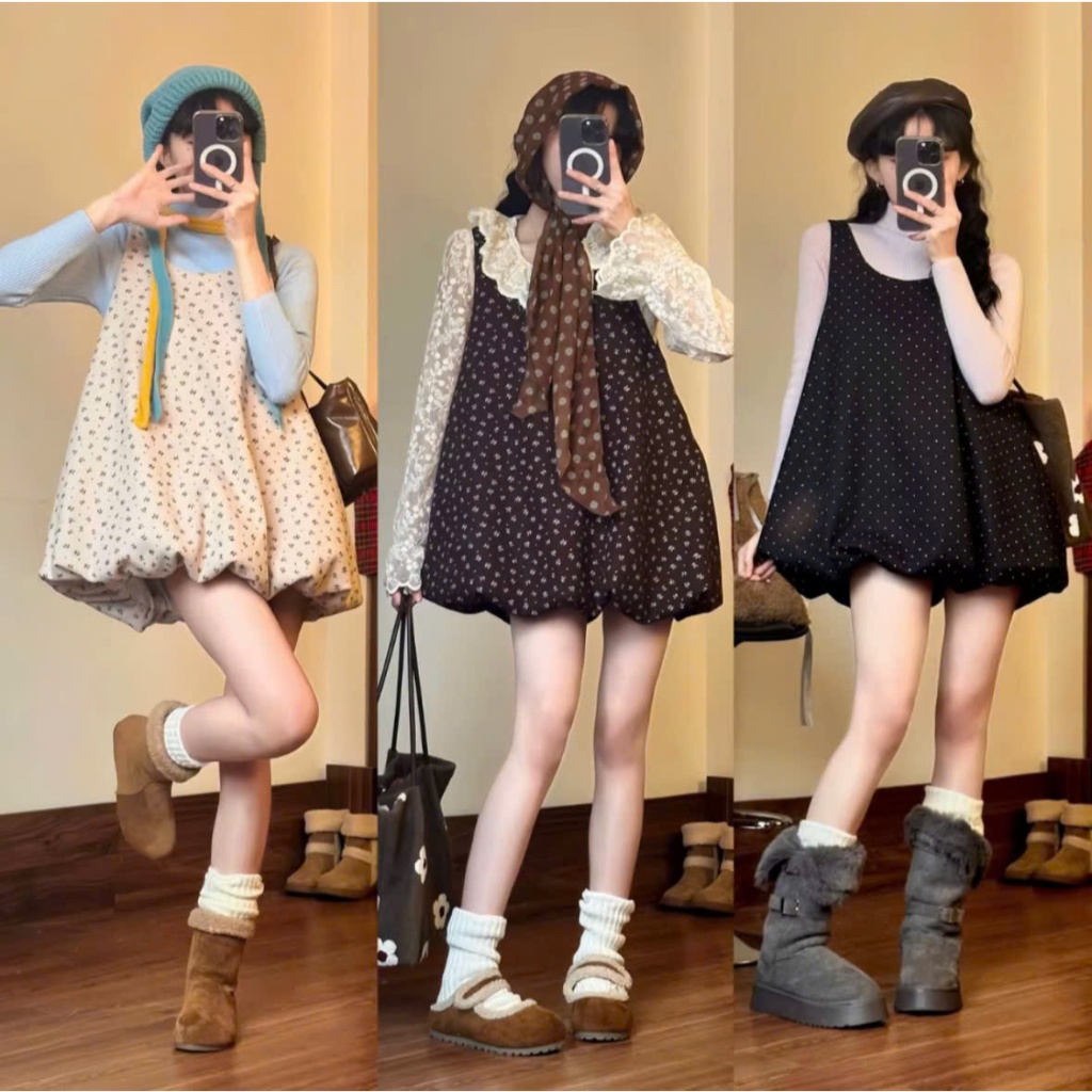 Váy Váy Bí Dáng Phồng Chất Dạ Mềm Hoạ Tiết Hoa Nhí Bi Xinh Xắn Vintage Floral Bubble Dress Joolate