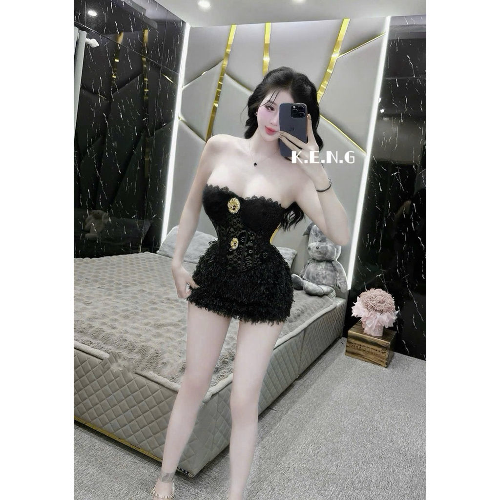 Set áo quây ren kèm tag cài chân váy lông ngắn siu đẹp