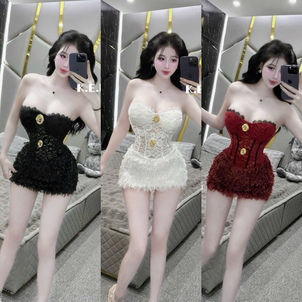 Set áo quây ren kèm tag cài chân váy lông ngắn siu đẹp