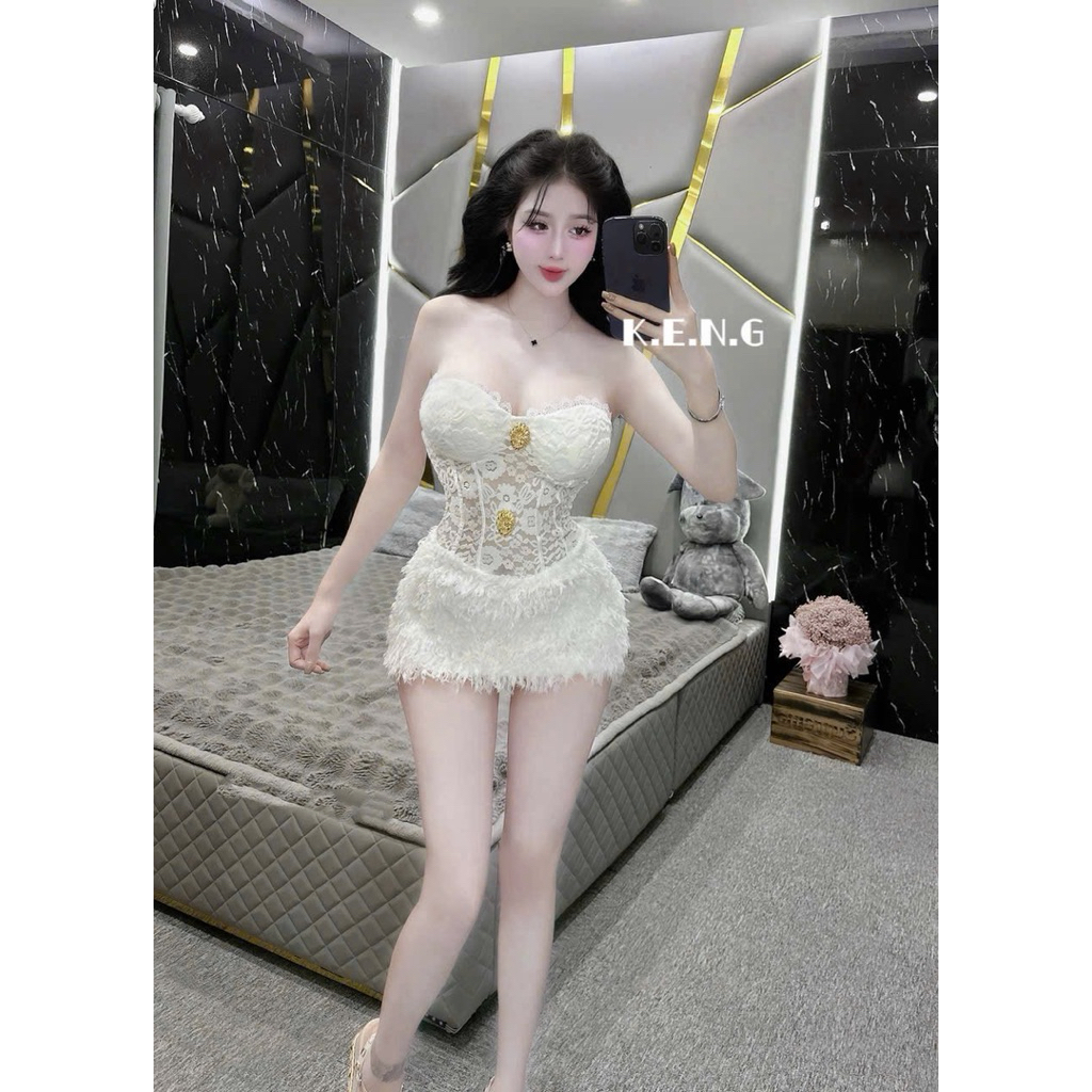 Set áo quây ren kèm tag cài chân váy lông ngắn siu đẹp