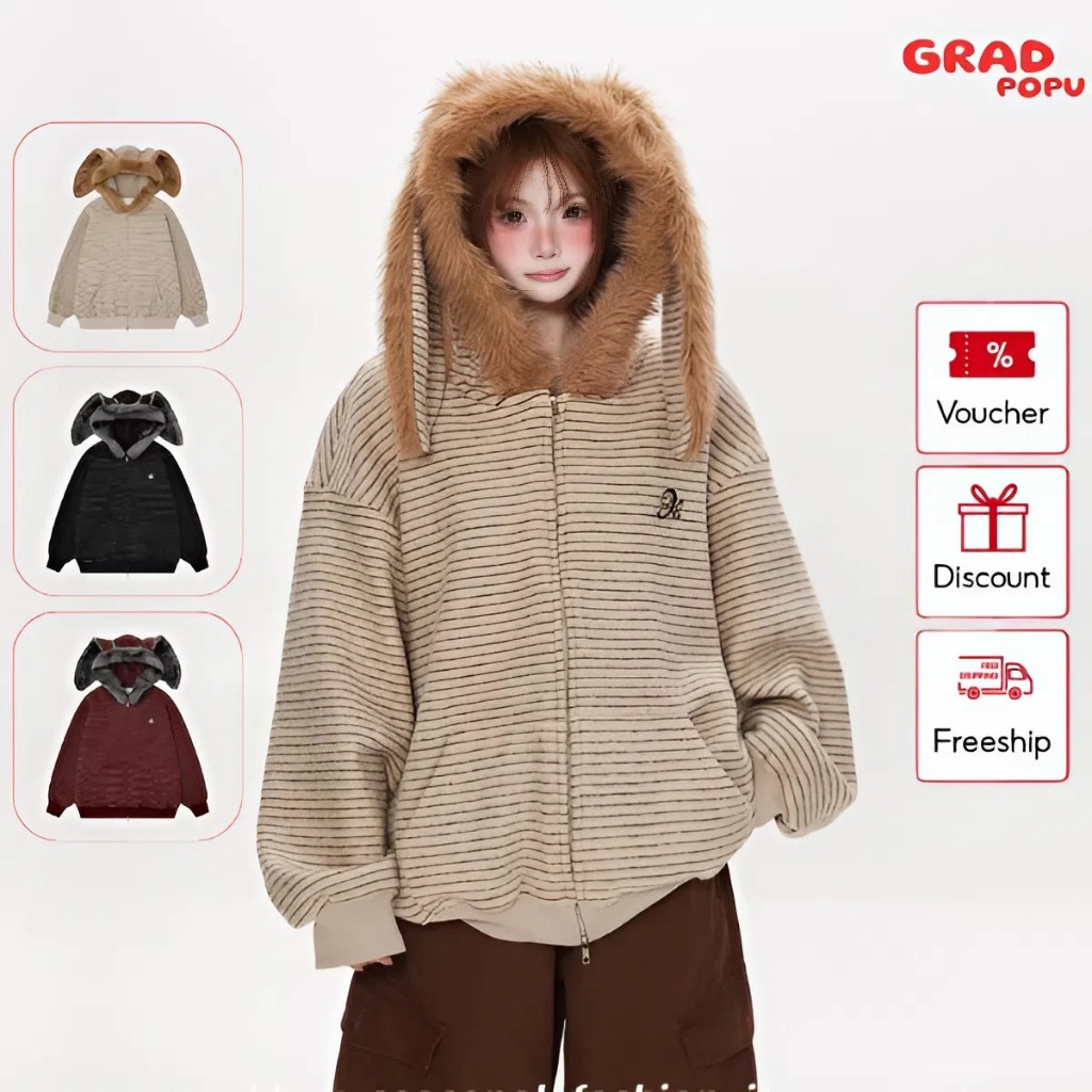 Áo khoác GRADPOPU có mũ trùm đầu hình tai thỏ nhung sọc ngang thích hợp cho mùa thu đông AK482