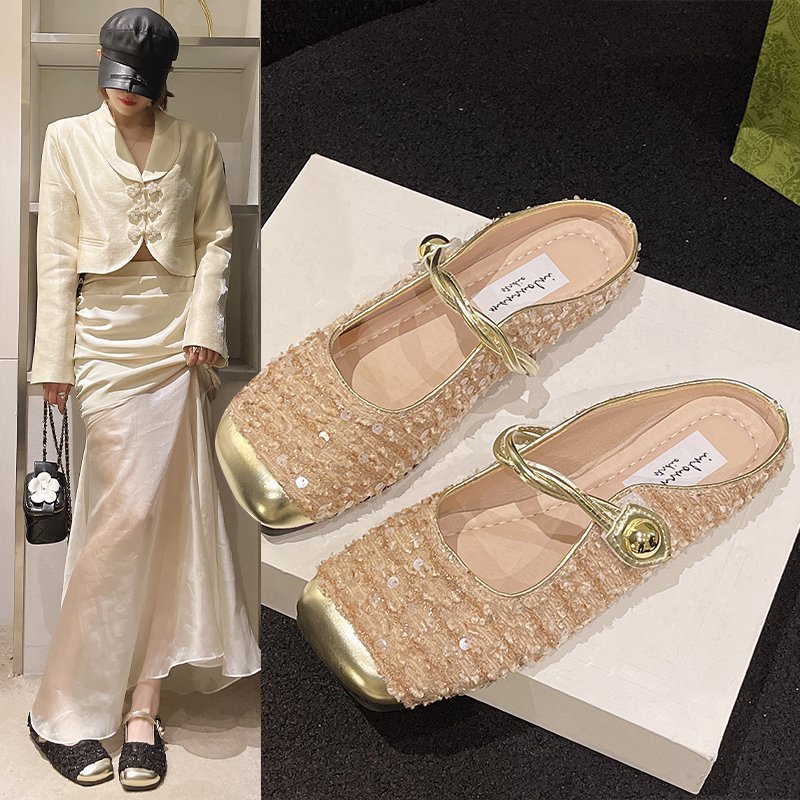 Giày Sục Mule Mary Jane Tweed CAO CẤP Đính Kim Sa – Mũi Vuông Bọc Kim Loại, Quai Xoắn