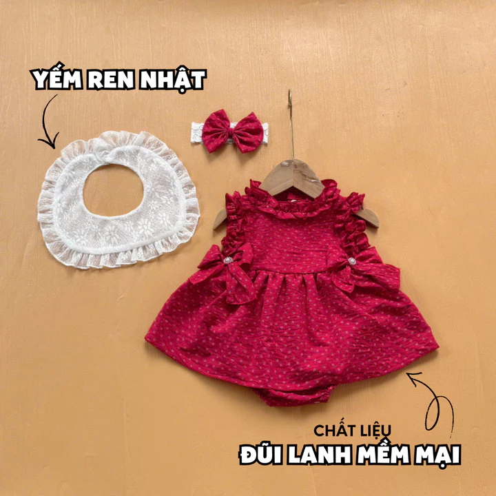 3-12kg Body váy bí công chúa lụa đỏ RIOKIDS, quần áo đầy tháng thôi nôi cho bé gái sơ sinh BD256 – 4