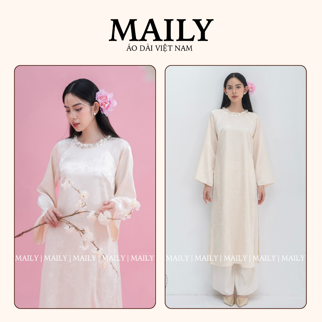 Áo Dài Gấm Dáng Cách Tân Cổ Tròn Đính Đá Tay Loe Trẻ Trung Phù Hợp Mặc Dạm Ngõ, Dự Tiệc - ÁO DÀI MAILY