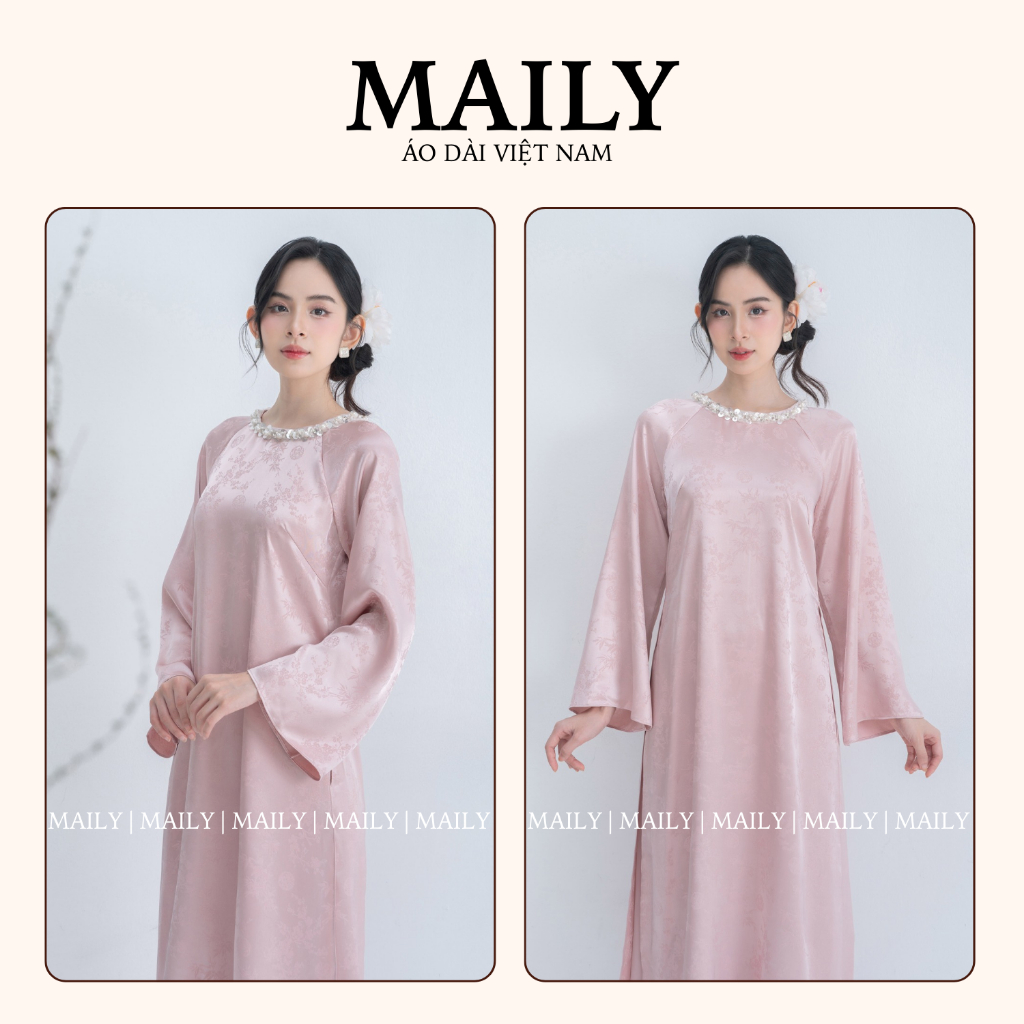 Áo Dài Gấm Dáng Cách Tân Cổ Tròn Đính Đá Tay Loe Trẻ Trung Phù Hợp Mặc Dạm Ngõ, Dự Tiệc - ÁO DÀI MAILY