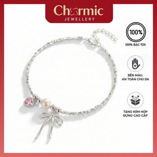 Lắc Tay Bạc Nữ Chormic Hạt Bạc Vỡ Treo Charm Nơ Thắt Vải Trái Tim Đá Hồng Ngọc Trai Trang Sức Nữ