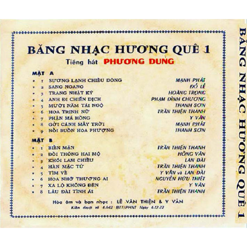 Băng Cassette Hương Quê 1 - Tiếng Hát Phương Dung (thu âm trước 75, băng 90phút)