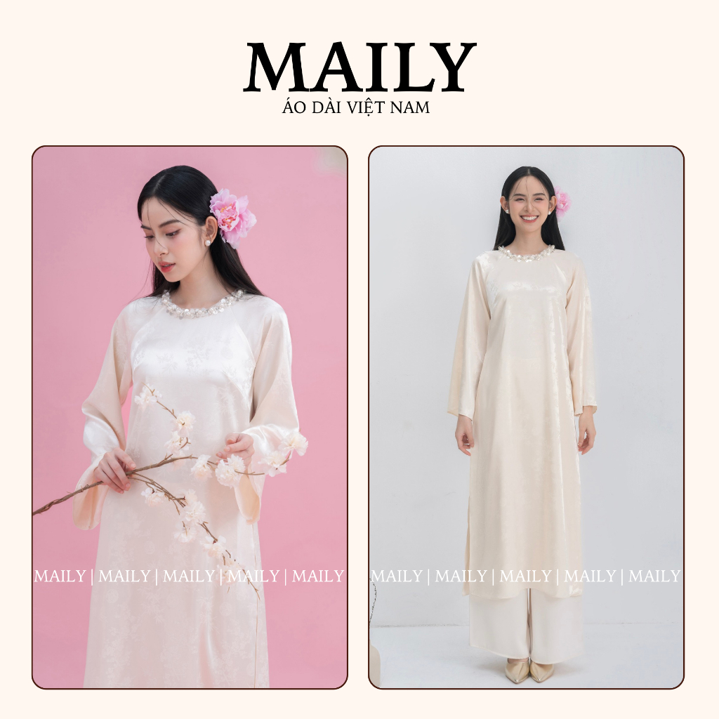 Áo Dài Gấm Tâm Giao Dáng Cách Tân Thiết Kế Trẻ Trung Cổ Tròn Tay Loe Phù Hợp Mặc Dạm Ngõ, Dự Tiệc - ÁO DÀI MAILY