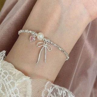 Lắc Tay Bạc Nữ Chormic Hạt Bạc Vỡ Treo Charm Nơ Thắt Vải Trái Tim Đá Hồng Ngọc Trai Trang Sức Nữ