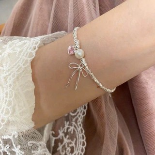 Lắc Tay Bạc Nữ Chormic Hạt Bạc Vỡ Treo Charm Nơ Thắt Vải Trái Tim Đá Hồng Ngọc Trai Trang Sức Nữ