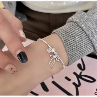 Lắc Tay Bạc Nữ Chormic Hạt Bạc Vỡ Treo Charm Nơ Thắt Vải Trái Tim Đá Hồng Ngọc Trai Trang Sức Nữ