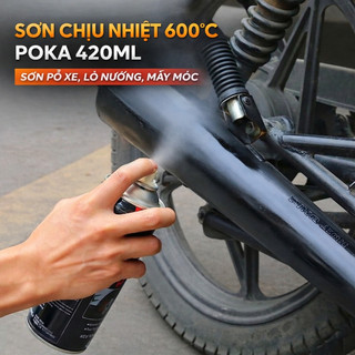 Sơn Chịu Nhiệt 600°C Poka 420ml Màu Đen Mờ, Màu Bạc - Sơn Chịu Nhiệt, Chống Cháy Cho Pô Xe Máy, Ô Tô, Máy Móc