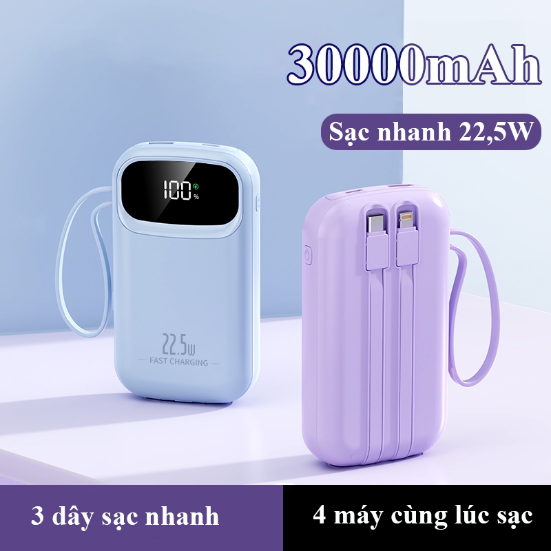 Sạc Dự Phòng 30000mAh Sạc Nhanh PD 22.5W Tự Tích Hợp Dây Đôi Quai Xách Màn Hình LED Đa Năng