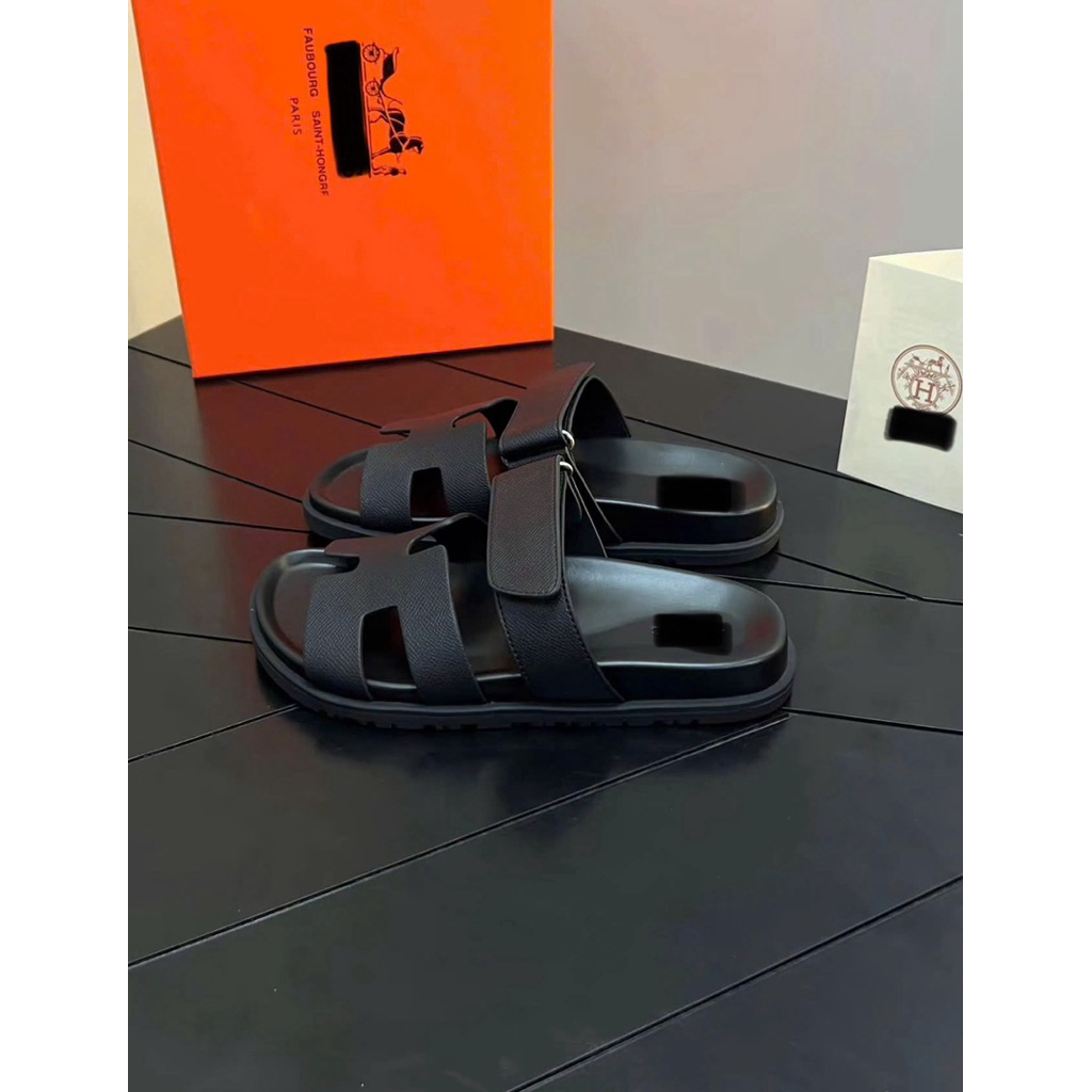 ⚡️[Hight Quality] Dép Lê Quai Ngang Đen Taiga Quai Dán Sandal - Chất Da Cao Cấp Full Box Loại 1
