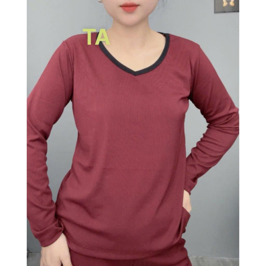 [TA] Đồ Bộ Thun Tăm Tay Dài Cổ Tim Quần Suông, Mã TA-19 FREESHIP, Chất Thun Tăm Co Giãn 4 Chiều, May Kĩ Mặc Thoải Mái.