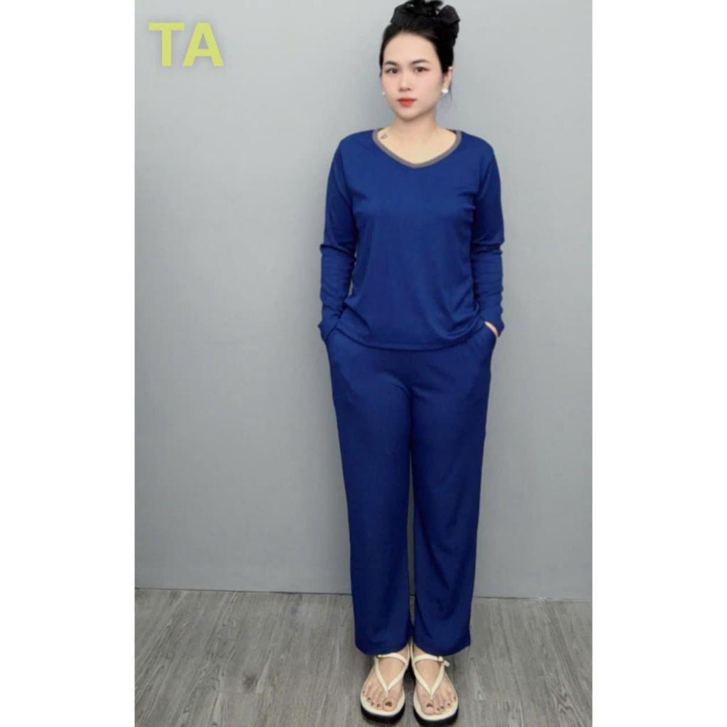 [TA] Đồ Bộ Thun Tăm Tay Dài Cổ Tim Quần Suông, Mã TA-19 FREESHIP, Chất Thun Tăm Co Giãn 4 Chiều, May Kĩ Mặc Thoải Mái.