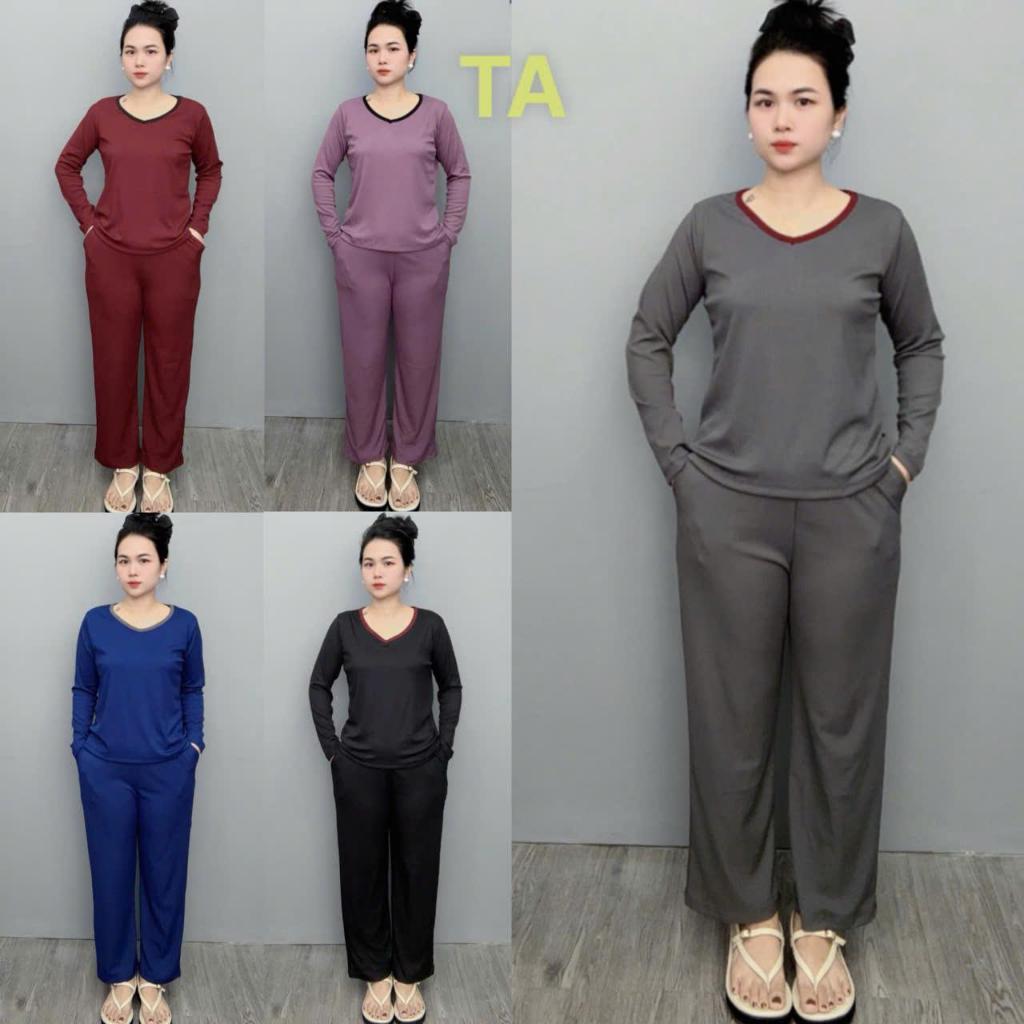 [TA] Đồ Bộ Thun Tăm Tay Dài Cổ Tim Quần Suông, Mã TA-19 FREESHIP, Chất Thun Tăm Co Giãn 4 Chiều, May Kĩ Mặc Thoải Mái.