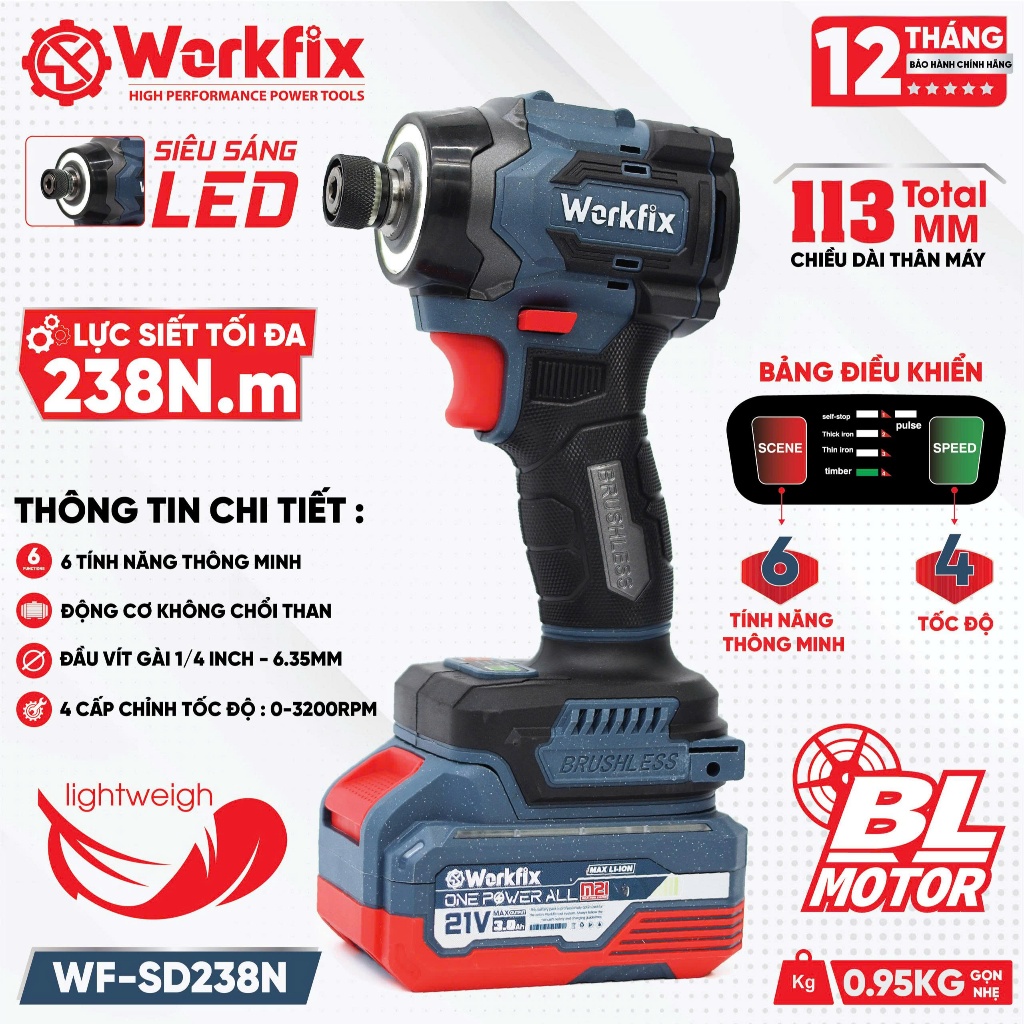 Máy Chuyên Vít Workfix WF-SD238N – Lực Siết 238N.M –  4 Cấp Tốc Độ, Đèn Led Động Cơ Không Chổi Than
