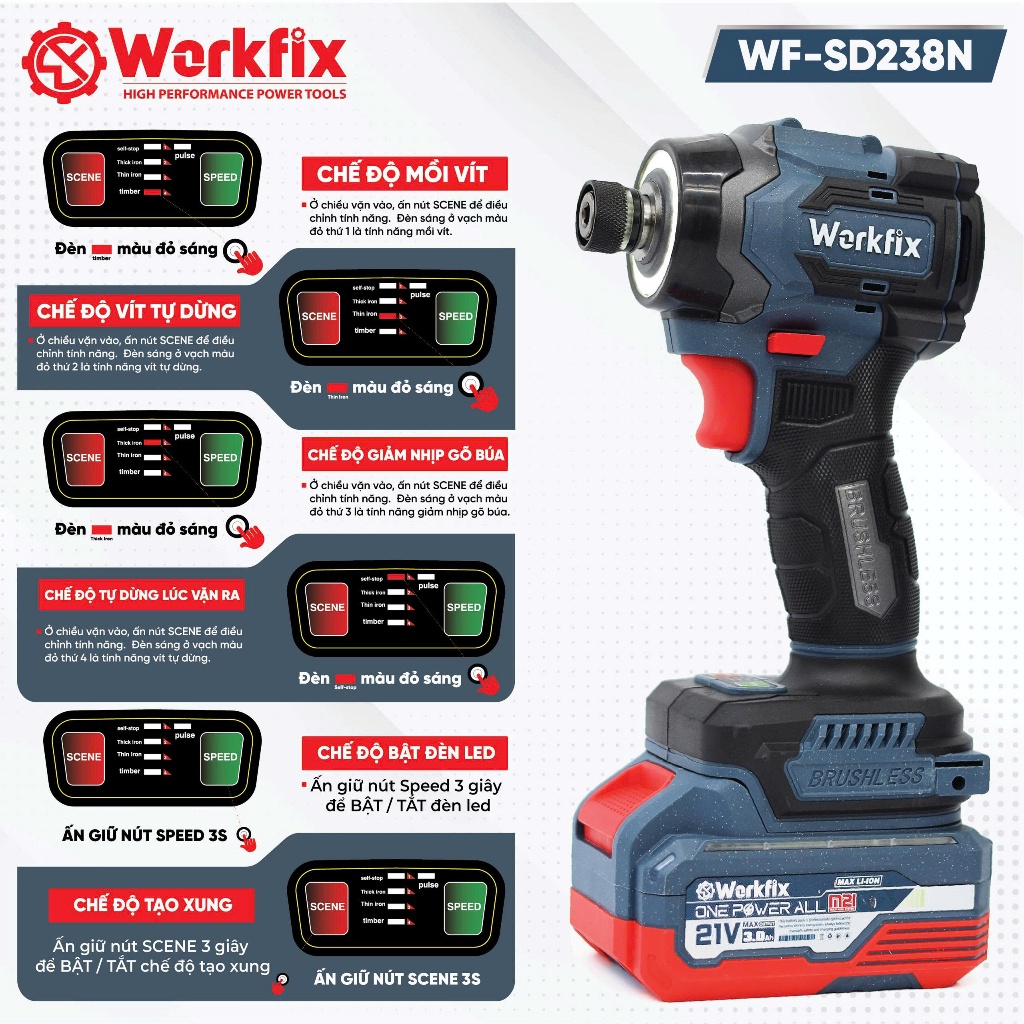 [6 TÍNH NĂNG] Máy Chuyên Vít  Workfix WF-SD238N Tích Hợp 4 Tính Năng Siết Bulong Mở Ốc Xe Tải, Ô Tô