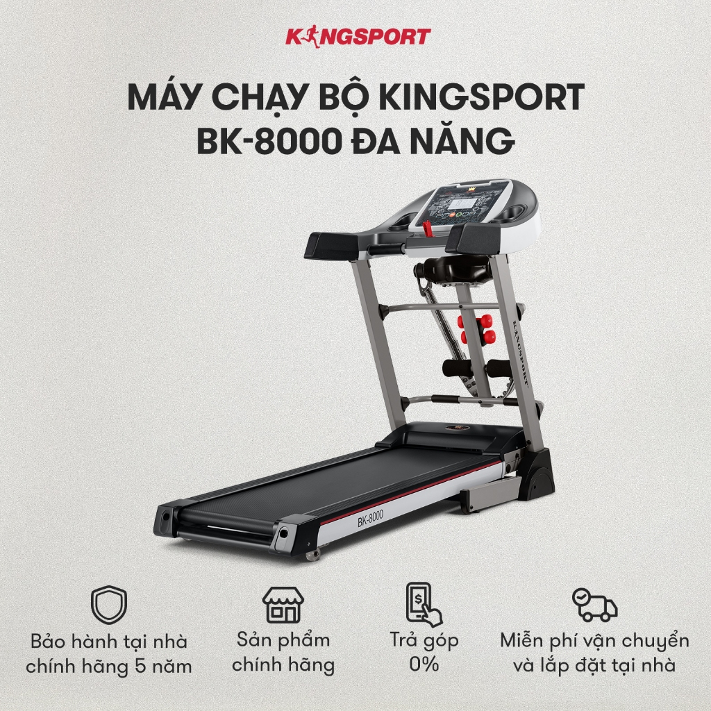 [KOL] Máy chạy bộ KINGSPORT BK-8000 đa năng, thảm chạy rộng chống trơn, 12 bài luyện tập