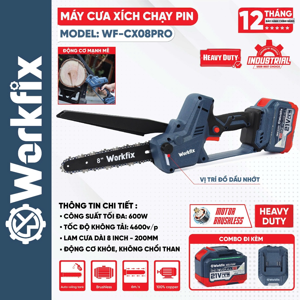 Máy Cưa Xích Workfix WF-CX08PRO Lam 8 Inch Động Cơ Không Chổi Than, Công Suất Tối Đa 600W Bảo Hành 6 Tháng