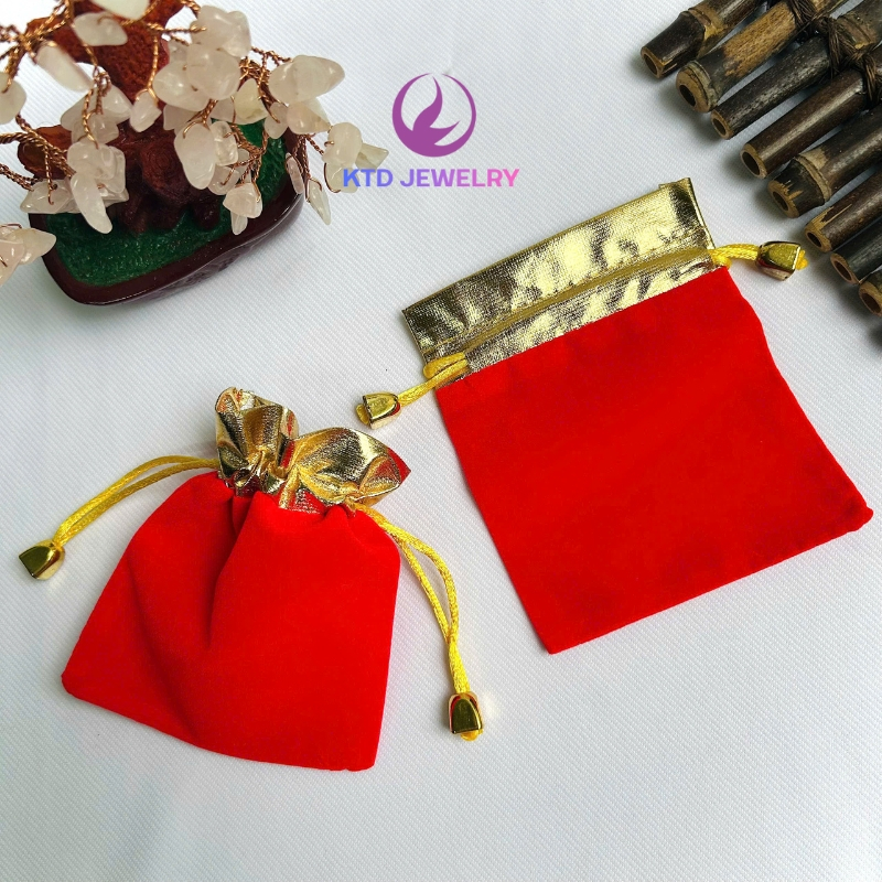 Túi Gấm Nhung Đỏ KATEDA Viền Vàng Dây Rút Đựng Quà Tặng, Đồng Xu, Thỏi Vàng, Vật Phẩm Phong Thuỷ
