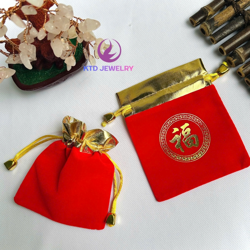 Túi Gấm Nhung Đỏ KATEDA Viền Vàng Dây Rút Đựng Quà Tặng, Đồng Xu, Thỏi Vàng, Vật Phẩm Phong Thuỷ
