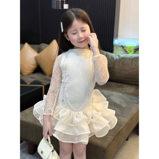 Váy bé gái sang trọng với chi tiết ren váy xếp tầng phong cách tiểu thư