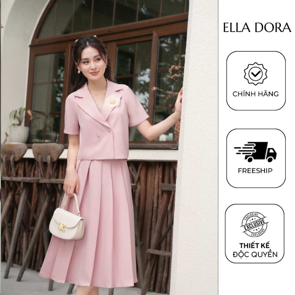 Áo công sở nữ  ELLA DORA màu HỒNG chất liệu tweed ngắn tay đứng form  tạo sự thanh lịch mặc mùa hè [KG23]