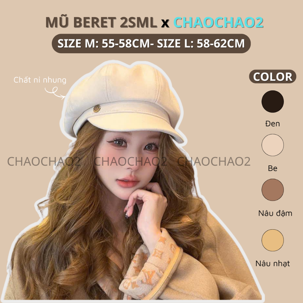 2SML Mũ Nồi Nón Beret Phong Cách Thời Trang Hàn Quốc Cho Nữ Cao Cấp Chất Nỉ Nhung Có Big Size
