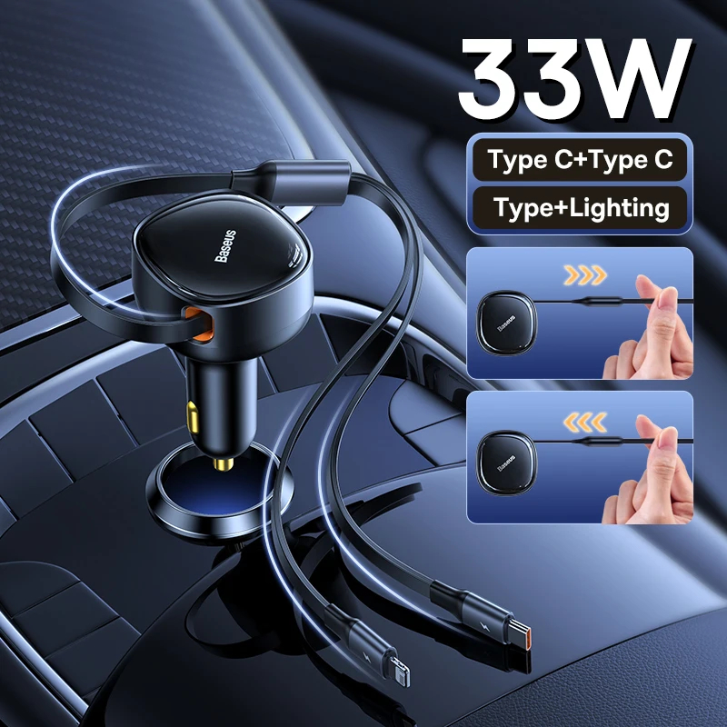Tẩu Sạc Nhanh Kèm Cáp Dây Rút 2 Đầu Type C + IP Baseus Enjoyment Retractable 2 in 1 Car Charger 30W