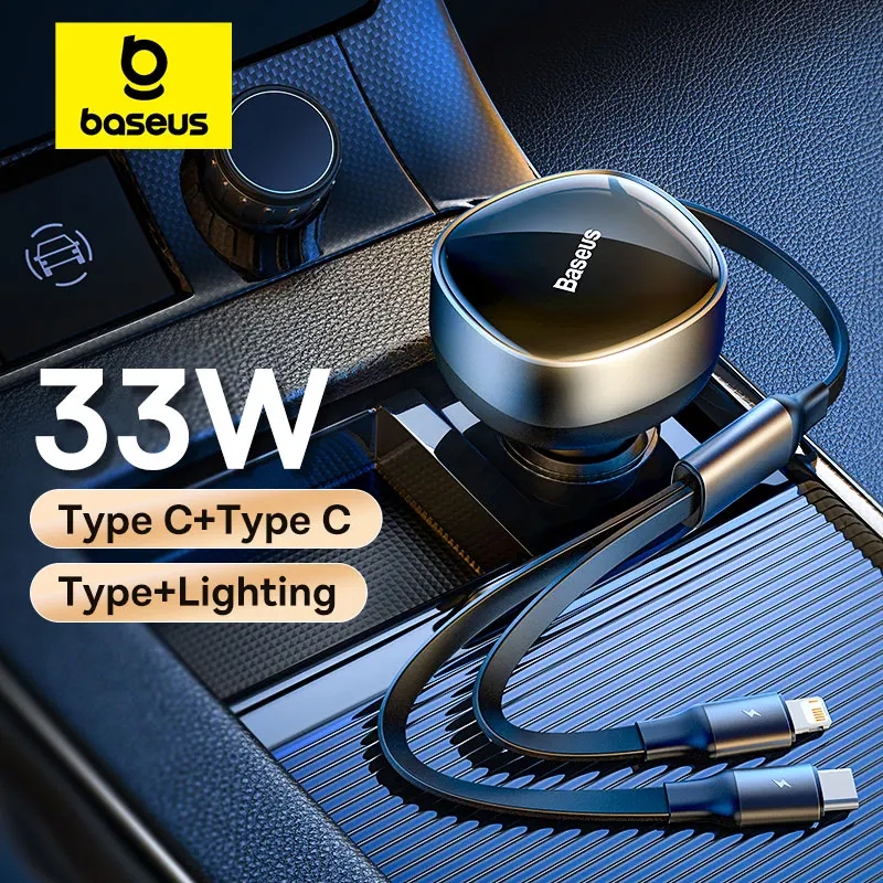 Tẩu Sạc Nhanh Kèm Cáp Dây Rút 2 Đầu Type C + IP Baseus Enjoyment Retractable 2 in 1 Car Charger 30W