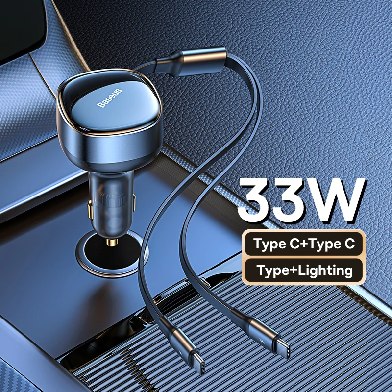 Tẩu Sạc Nhanh Kèm Cáp Dây Rút 2 Đầu Type C + IP Baseus Enjoyment Retractable 2 in 1 Car Charger 30W