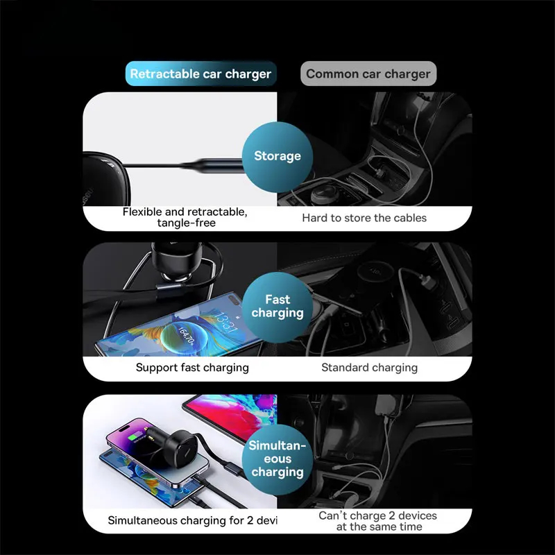 Tẩu Sạc Nhanh Kèm Cáp Dây Rút 2 Đầu Type C + IP Baseus Enjoyment Retractable 2 in 1 Car Charger 30W