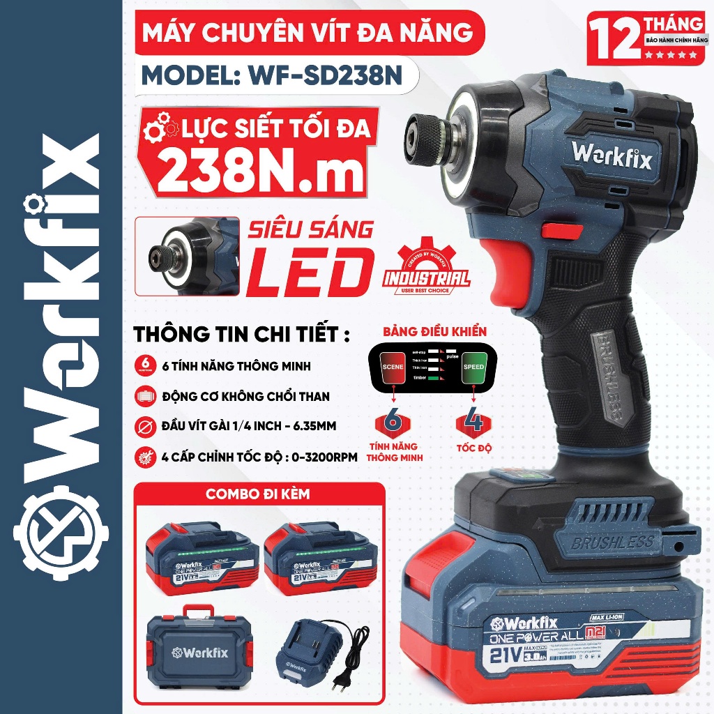 [6 TÍNH NĂNG] Máy Chuyên Vít  Workfix WF-SD238N Tích Hợp 4 Tính Năng Siết Bulong Mở Ốc Xe Tải, Ô Tô