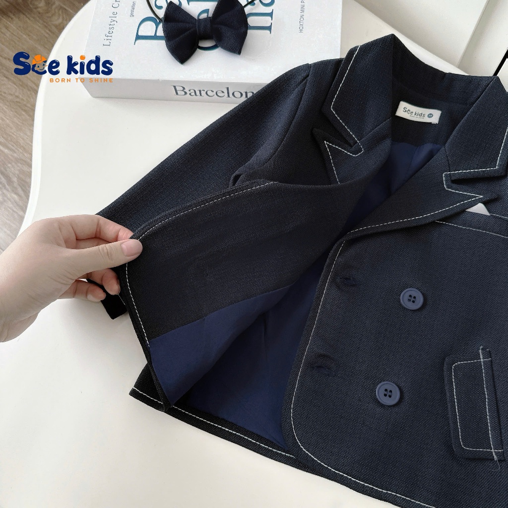 Bộ vest dạ text may chỉ nổi 3 chi tiết, bộ suit complet công tử cho bé trai SBVD5022