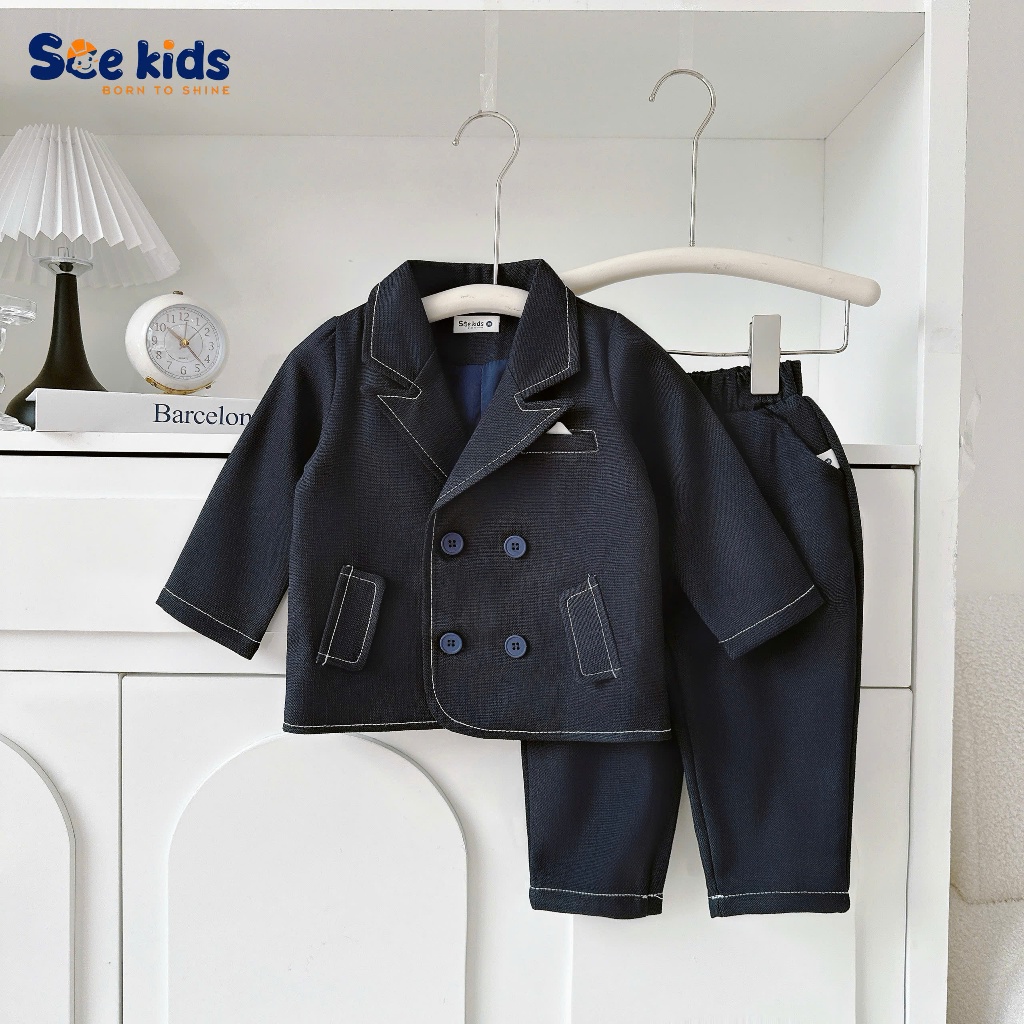 Bộ vest dạ text may chỉ nổi 3 chi tiết, bộ suit complet công tử cho bé trai SBVD5022