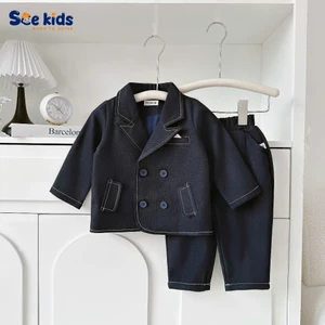 Bộ vest dạ text may chỉ nổi 3 chi tiết, bộ suit complet công tử cho bé trai SBVD5022