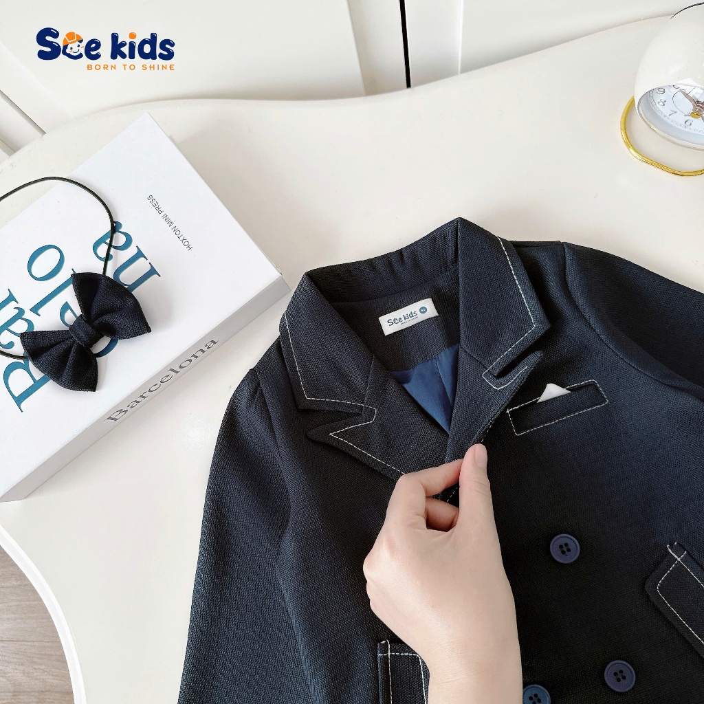 Bộ vest dạ text may chỉ nổi 3 chi tiết, bộ suit complet công tử cho bé trai SBVD5022